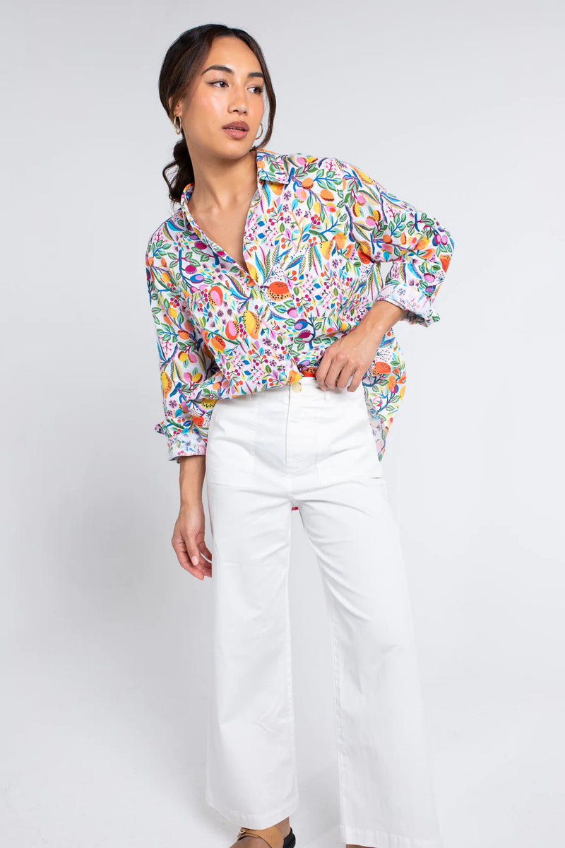 Tropical Fruit Print Boyfriend Linen Shirt