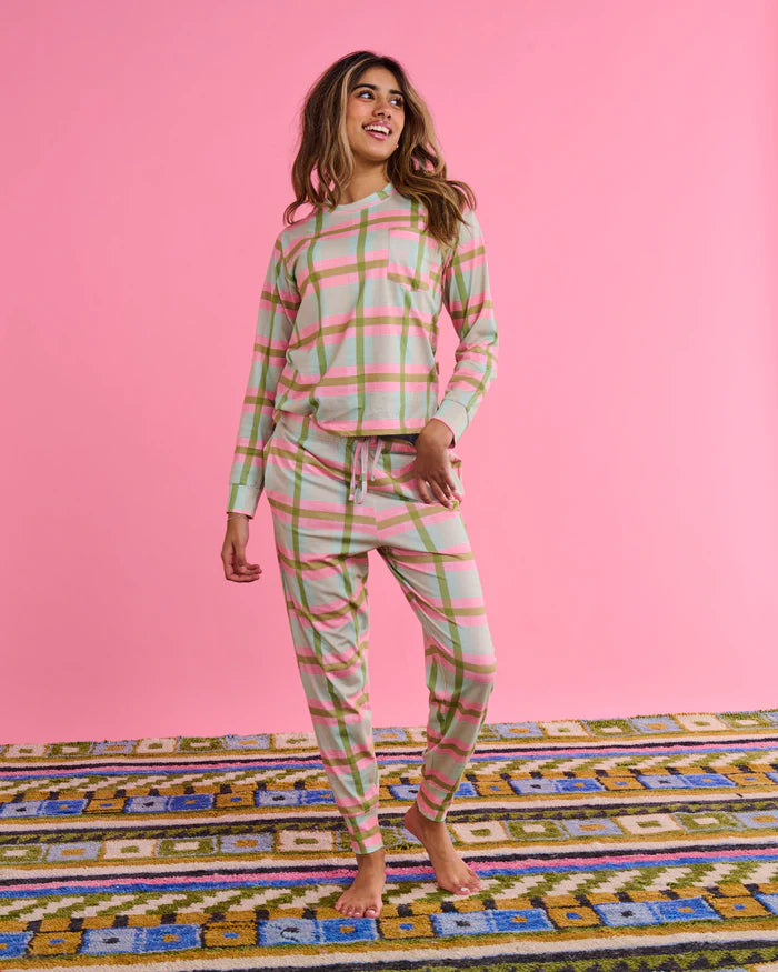 Pistachio Tartan Organic Cotton Long Sleeve Pyjama Top & Slouch Pant Set