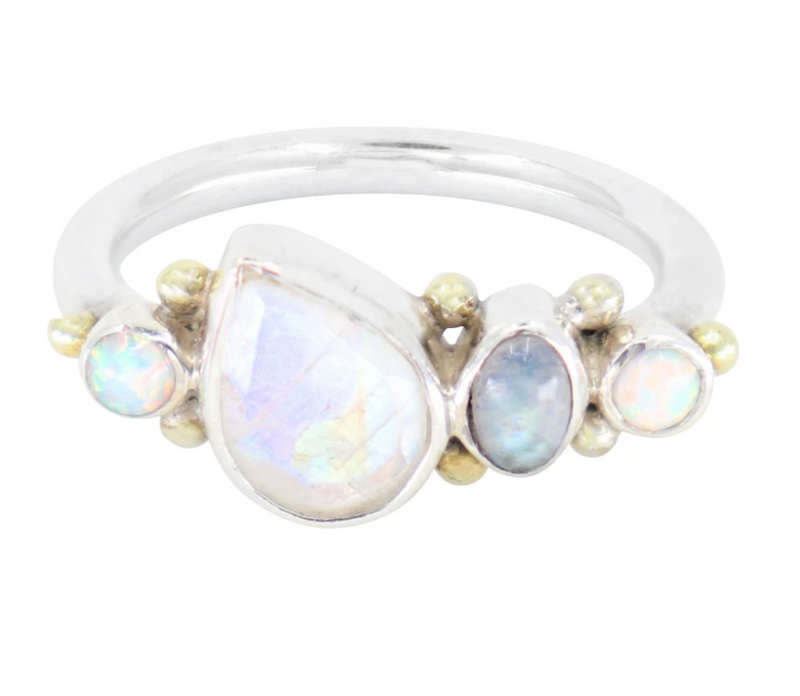 Cluster Moonstone & Opal Silver Ring